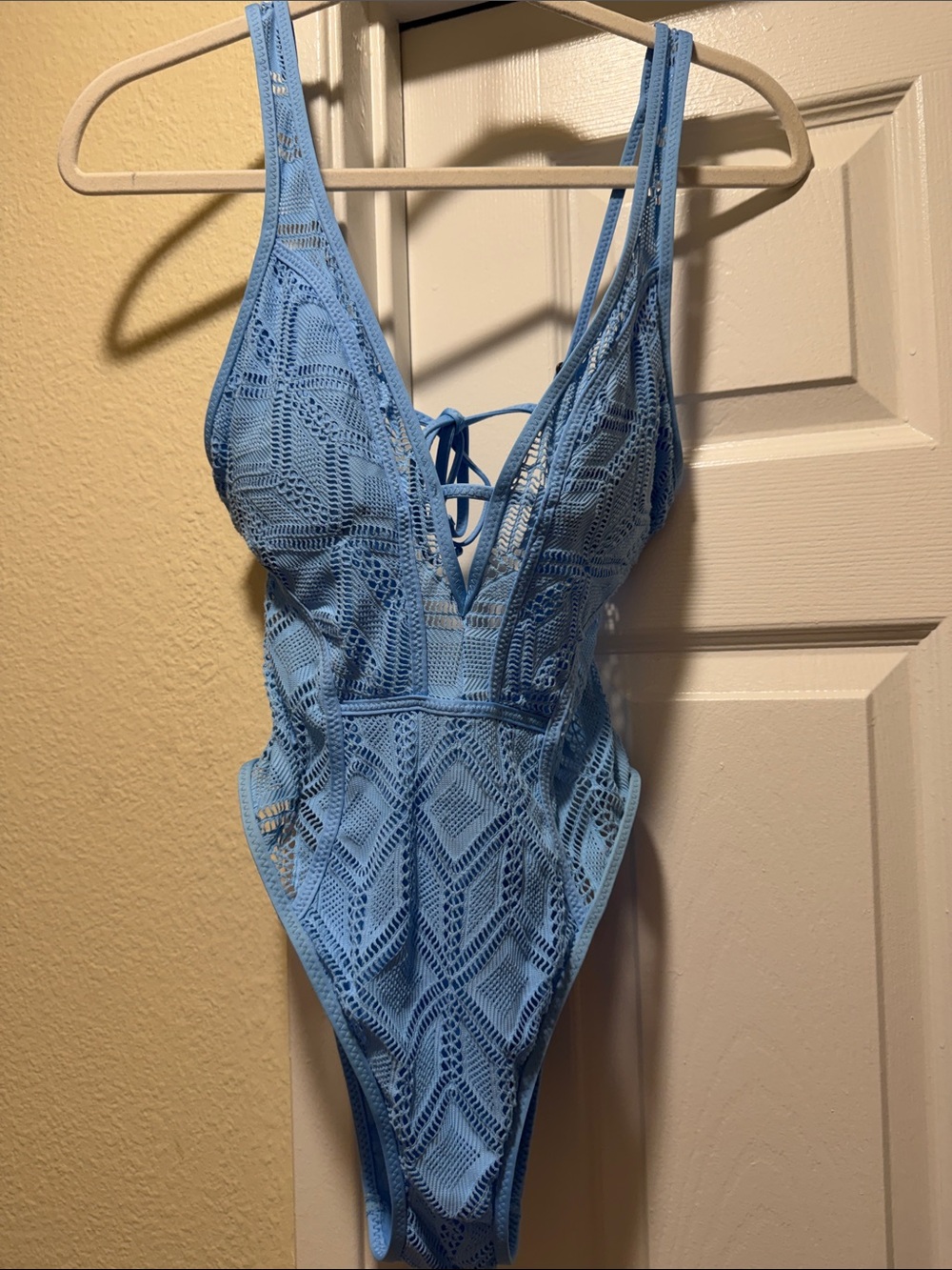 BECCA Powder Blue Crochet One-Piece Swim Suit